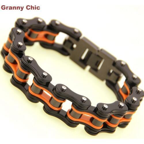 Granny Chic Mens Jewelry New Arrival Stainless Steel Black Orange Motorcycle Biker Bracelet Wristband