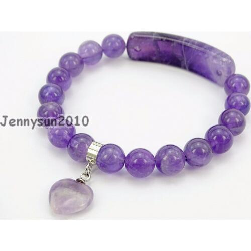 Natural Ame-thyst Gems Stone Heart Bar Round Beads Stretchy Bracelet Healing Reiki Chakra 5Strands / Pack