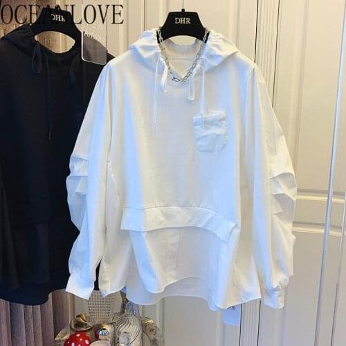 OCEANLOVE Sweatshirts Japan Style Vintage Autumn Puff Sleeve Loose Women Hoodies Fake Two Pieces Pleated Sudaderas Solid