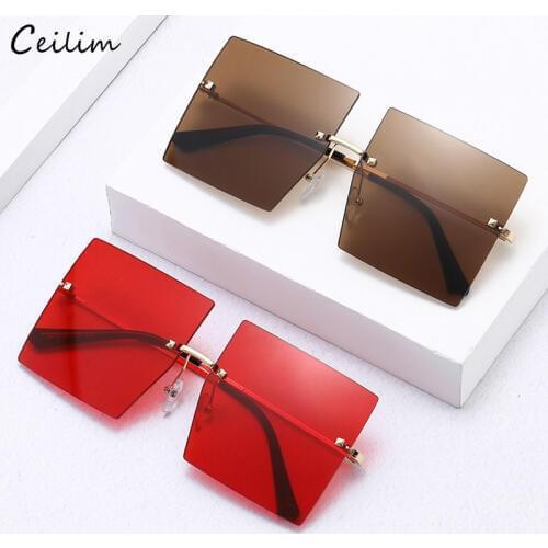 Luxury Brand Clear Red Blue Oversized Sunglasses for Women 2020 New Rimless Big Square Sun Glasses Tinted Color Shades Eyewear