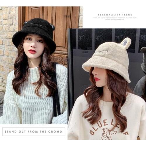 Lamb Wool Cat Ears Women Bucket Hat Autumn Winter Fishermans Plush Bucket Hats Keep Warm Casual Cap Female Flat Top Hat