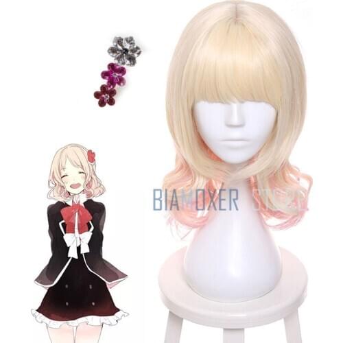 Biamoxer 45cm Diabolik Lovers Yui Komori Cosplay Wigs Blonde Mixed pink Synthetic Hair Perucas Cosplay Wig necklace headwear