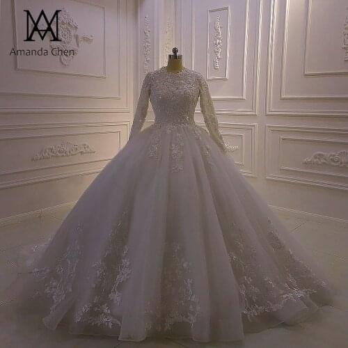 Robes de bal Full Sleeve Lace Applique Full Jersey Lining Islamic Wedding Dress