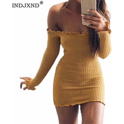 INDJXND Sexy Off Shoulder Club Women Dress Slim Bodycon Dress Autumn Winter Knitted Elastic Sweater Party Night Dresses Vestidos