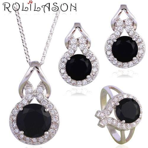 Silver plated stamped Clip Earrings Necklace Pendant rings Weddings Black AAA CZ Fashion Jewelry Set for women JS622