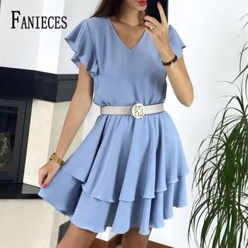 Casual O Neck Short Butterfly Sleeve Ruffles Mini Dress Chiffon Solid A-line Blue Red Women Dresses Summer 2021 vestidos
