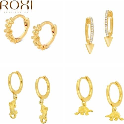 ROXI Flowers Huggie Earrings Geometry Animal Crocodile Dinosaur Hoop Earrings for Women 925 Sterling Silver Jewelry Pendientes