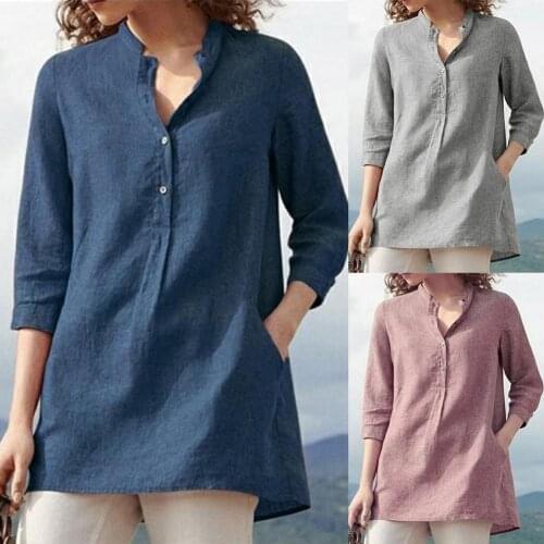 Womens Shirt Solid Color Stand-Up Collar Pocket Shirts Cotton Linen V Neck Blouse Casual 3/4 Sleeve Loose Tops Female