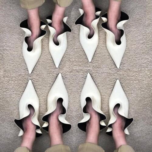 2021 Summer Modern Slippers Fashion Womens Shoes Pointed Low Heel Office White Single Shoes Kitten Heel Ruffles Slides Shoe