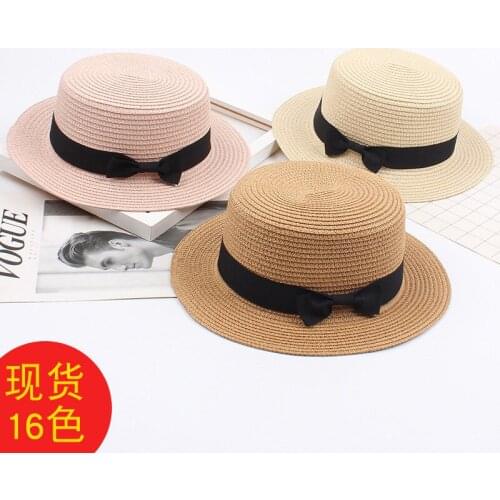 Fedora Hat Women Spring Summer Korean Straw Hats Laides British Style Bow Flat Fedora Sun Protection Beach Caps