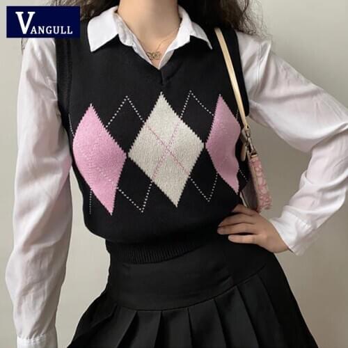Vangull Argyle Plaid Knitted Vest Women Spring Fashion V-Neck Slim Short Sleeveless Sweater Pullovers Vintage Outwear Tank Tops