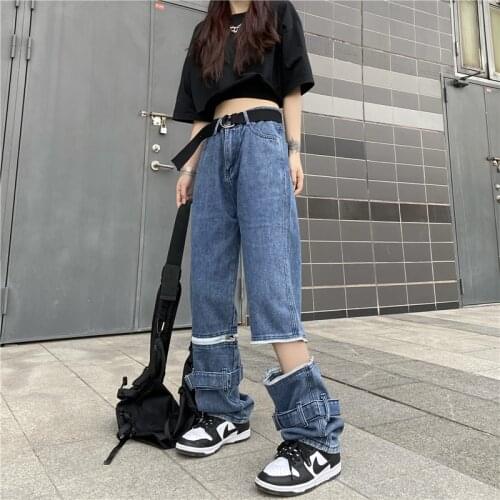 2021 Fashion New Womens Jeans Straight High Waist Streetwear Baggy Denim Trouser Harajuku Sense of Design Wide Leg Jeans Pants