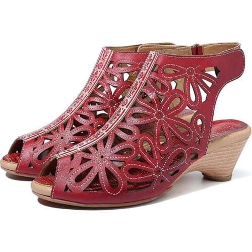 Women Sandals 5.5CM Thick High heels Summer Brand Party Genuine Leather Slip On Peep Toe Hollow out fashion shoes for women Red