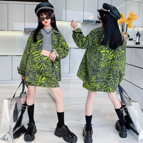 Teen Girls Clothing Sets Zebra-Striped Pattern Jackets+Skirt Green 2pcs Fashion Kids School Performance Streetwear Outfits 5-14Y
