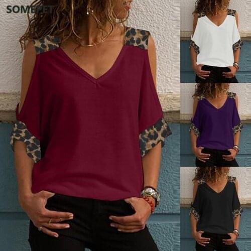 Women Tops Half Sleeve V Neck Cold Shoulder Leopard Patchwork T-shirt 2021 Summer Women Clothing ropa de mujer