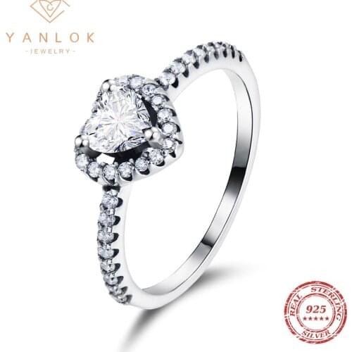 YANLOK 925 Sterling Silver Romantic Love Heart Pave CZ Finger Ring Crystal Rings For Women Authentic Silver Jewelry Gift