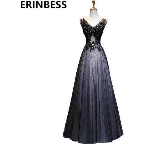 Vestido De Festa A line Black Evening Dresses Beaded Crystal Pearls Tulle Prom Party Gowns 2019 Robe De Soiree