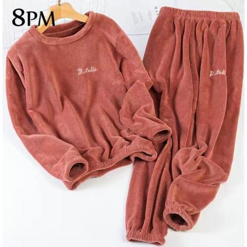 Winter Flannel Pajama Set Women Long Sleeve Loose Top Elastic Thick Warm Sleepwear Home Wear Female Nightgown Suit Pajama Set