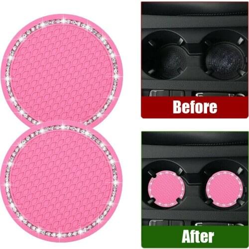 Pad Cup Holder Mat Pink Rhinestones Universal 2pcs Set Anti-slip Coasters