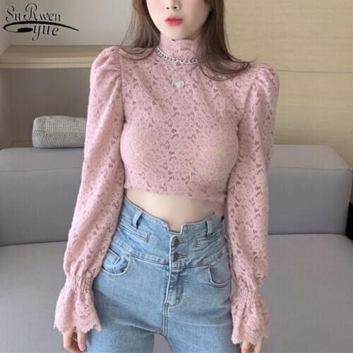 2021 Spring New Casual Floral Women Shirt Sexy Lace White Blouse Puff Sleeve Shirts Turtleneck Short Corset Top Blusas 12710
