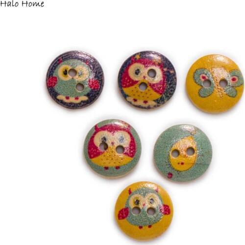 50pcs 2colors Owl Pattern Round Wooden buttons Sewing Scrapbook Clothing Gifts Crafts Handwork Accessories 15mm