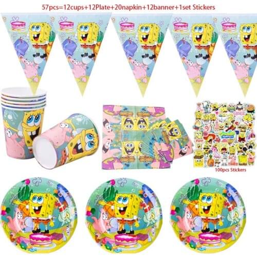 57pcs Sponge-Bob Boy Faovr Birthday Party Decor Plate Napkins Kids Gift Cartoon Sticker Cups Disposable Tableware Party Supplies