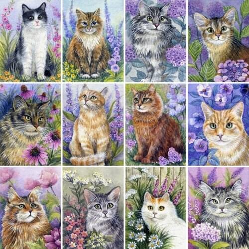 5D DIY Diamond Painting Animlas Cat Flowers Cross Stitch Kit Full Drill Embroidery Mosaic Art Picture of Rhinestones Gift Decor