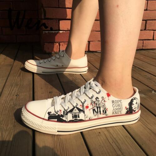 Wen White Hand Painted Shoes Design Custom Walking Dead Graffiti Painting Plimsolls Low Top Men Womens Canvas Sneakers