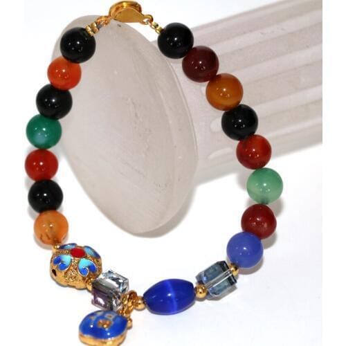 Bohemia style multicolor natural stone agat carnelian onyx 8mm round beads charms bracelet cloisonne women jewelry 7.5inch B2955