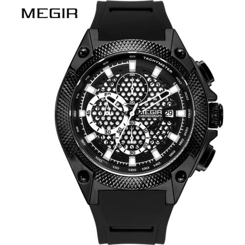 Men Brand MEGIR Luxury Watch Waterproof Silicone Quartz Wristwatch Military Chronograph Watches Big Dial Black Relogio Masculino