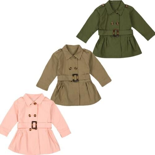 Toddler Kids Baby Girl Overcoat Lapel Design with Adjustable Waist Belt Double Breasted Solid Color Spring Autumn Baby Clothing