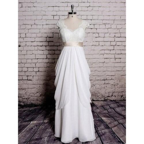 Elegant Beach Wedding Dress V-neck Cap Sleeve Bride Dress with Sashes Chiffon Lace Floor-Length Bridal Gowns Vestido De Noiva