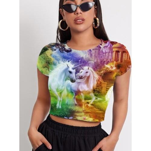 3d Tshirt Unicorn T shirt Women Forest Tshirts Casual Animal Shirt Print Harajuku Navel Bare Short Sleeve Summer Fashion