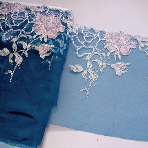 1Meters 21.5CM Wide Pink Peony Flowers Embroidered Lace Trim Blue Mesh Fabric For Lingerie Underwear Bra Dolls Dress Handmade