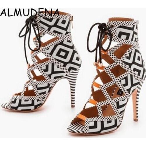 Summer Roma style Checkered Geometric Open Toe Hollow Out Color Matching Stiletto Heel Casual Fashion Sandal