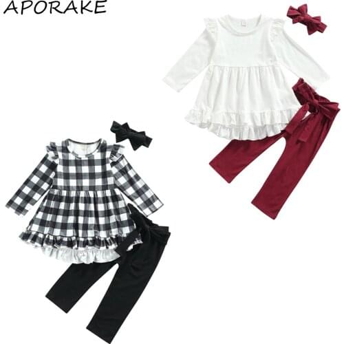 2021 1-6Y Sweet Kids Baby Girl Clothes Plaid/Solid Color Lace Splicing Wide Hem Long Sleeve O Collar Dress+Pants Autumn 3pcs Set