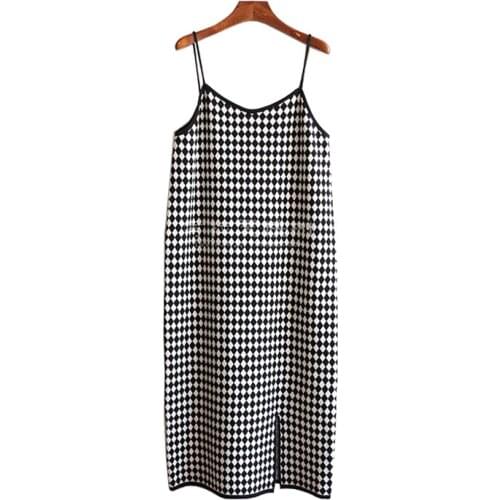 PERHAPS U Strap Knee Length Women Straight Causal Female Gray Black Dress Plaid V Neck Knitted Split Sleeveless D1708