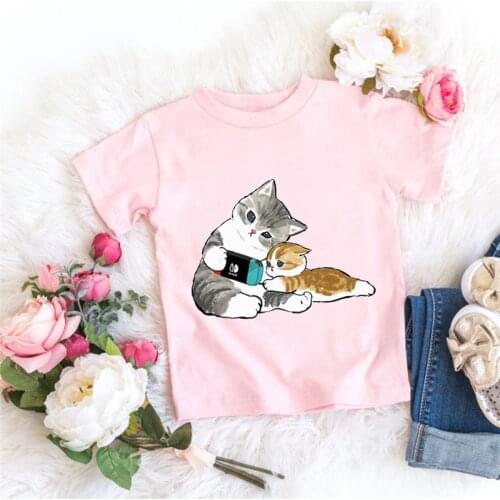 Boys Girls Harajuku Casual Tops Tee Kids Cute Cat Graphic Printed Pink Tshirts Summer New Fashion Short Sleeve Children T-shirt
