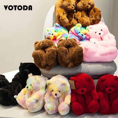 Teddy Bear Slippers Hot Cute Cartoon Animals Slides Home Furry Faux Fur Slipper Women Indoor Flip Flop Fashion Warm Female Shoes