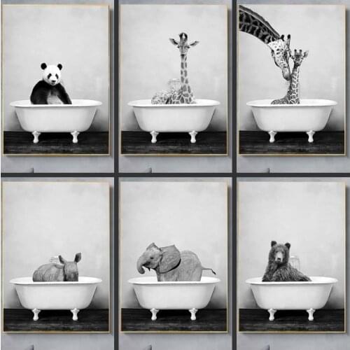 Modern Art Baby Animal In Bathtub Poster Panda Giraffe Elephant Canvas Painting Poster and Prints Pictures Kid Room Decor