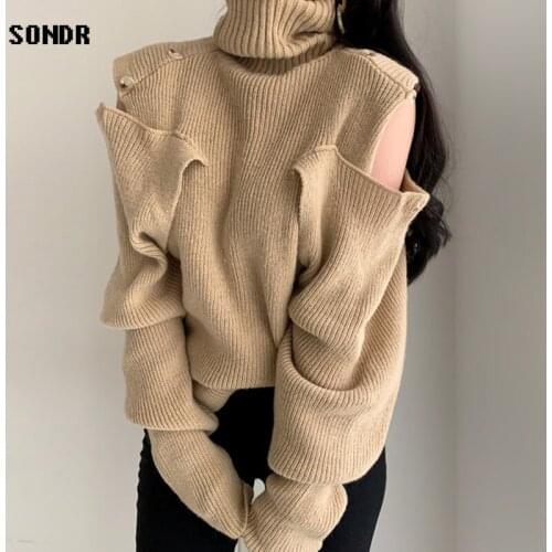 Turtleneck Wool Sweater Pullover Women 2020 Autumn Winter Korean Off Shoulder Knit Sweater Solid Color Loose Lazy Sweater Mujer
