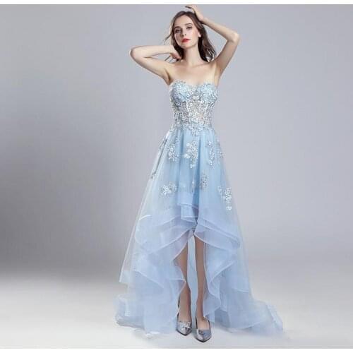 Tulle Lace A-Line Hi-Lo Prom Party Dress 2021 Sexy Elegant Tiered Beading Crystal Evening Occasion Sleeveless Formal Gown 006