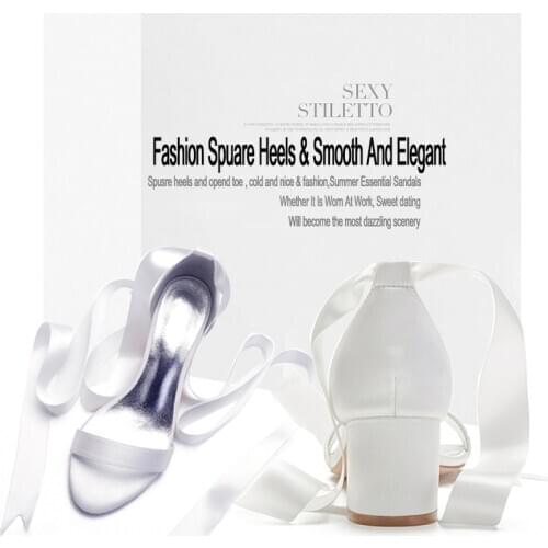 Woments Hot Sale Ankle Strap Chunky Heel Elegant Ribbon Tie Up Sandals White Bride Wedding Shoes Office Daily Working Shoes