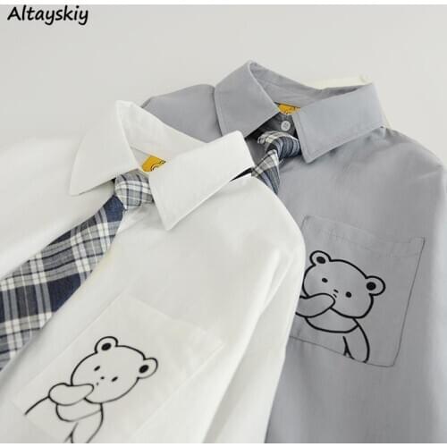 Shirts Women Cartoon Pockets Kawaii Simple Turn-down Collar All Match Korean Style Leisure Comfortable Popular Autumn Chic Ins