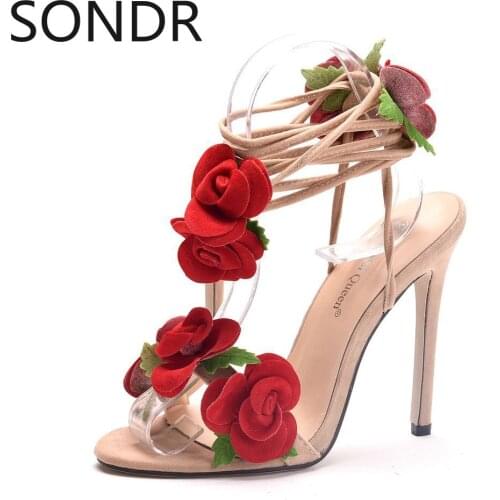 2021 New Arrival 11cm Rose Flower High Heel Sandals Large Size Hollow Strap Sandals Fashion Elegant Sandals women shoes