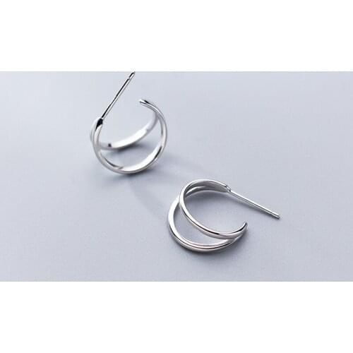 MloveAcc S925 Sterling Silver Ear Nail Female Style Simple Hollow Double Short Stud Earrings Trend Geometric Earrings