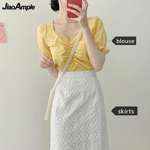 2021 Womens Korean Sweet Daisy Two Pieces Clothing Set Summer Girls Student Leisure Flare Sleeve Shirts High Waist Skirts Sets