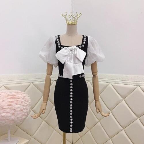 French Elegant Fashion Pearl Beading Bowknot Puff Short-Sleeved Black Dress 2021 Summer Women Party Dress Brand New