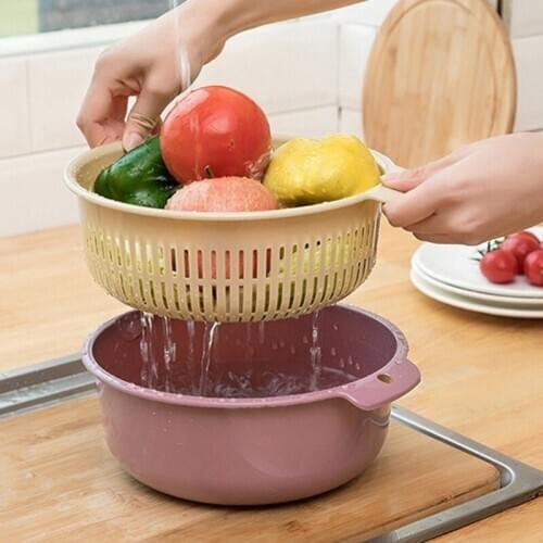 2 In 1 Plastic Double Drain Basket Portable Washing Vegetables Fruit Drip Basket Home Multi-purpose Storage Box Kitchen Tools