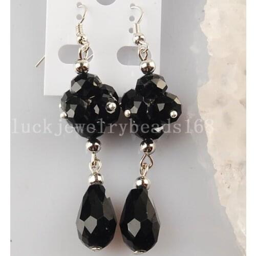 Free Shipping Fashion Jewelry Black Crystal Faceted Beads Earrings 1Pair C2885
